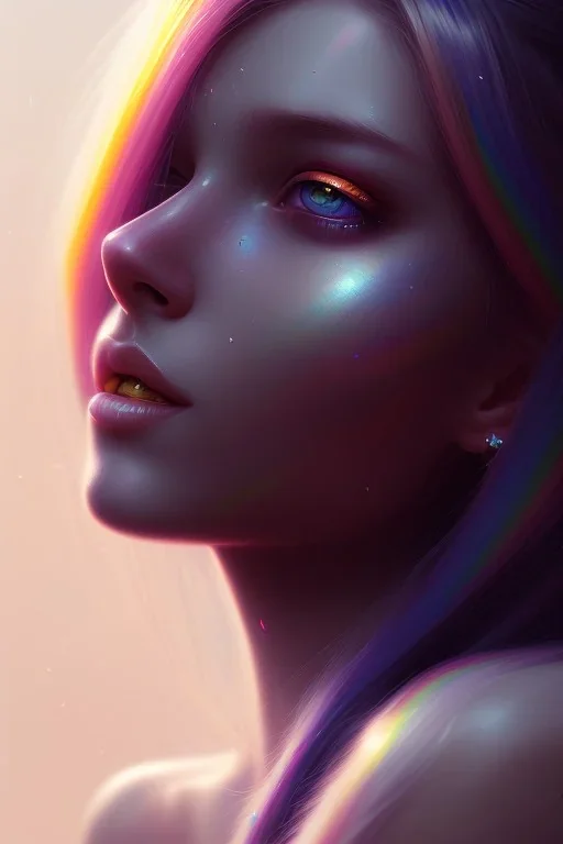 girl, cute, beautiful, long hair, rainbow hair, rainbows, close up portrait by Greg Rutkowski