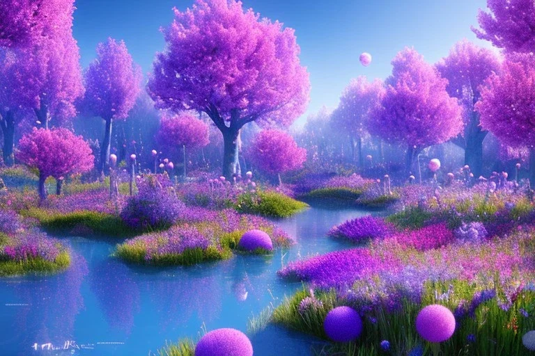 monde en fleurs bleu pink,blue lake, concept art, crépuscule , trees bleu pink violet oranger, vibrant Color, réaliste, crocus