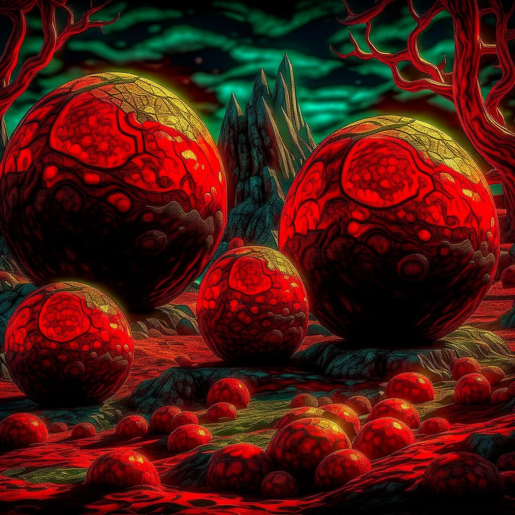 Spooky detailed landscape, strong texture, extreme detail, high contrast, rich colours, Egon Schiele, spheres, 3d, 4k