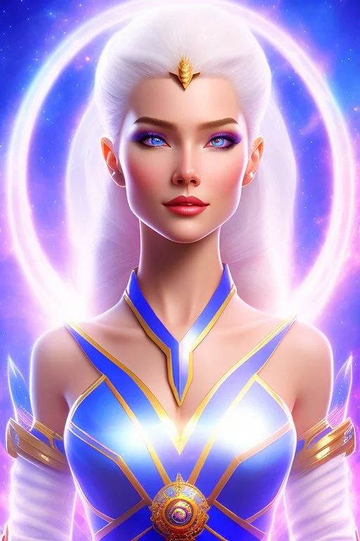 young cosmic woman admiral from the future, one fine whole face, large cosmic forehead, crystalline skin, expressive blue eyes, blue hair, smiling lips, very nice smile, costume pleiadian