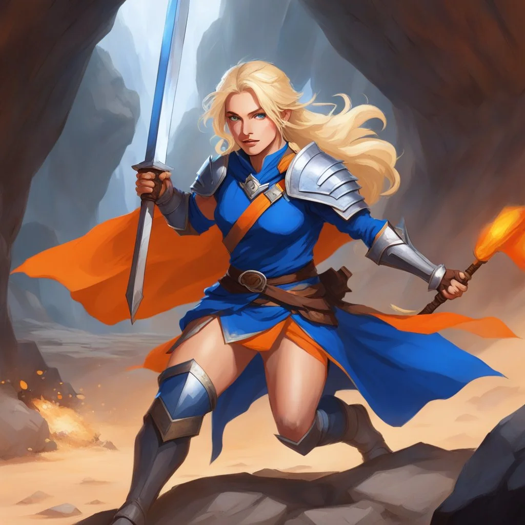blonde warrior with a revealing blue tunic holds a lance with an orange flag, she is crouching cavern Batch Promote