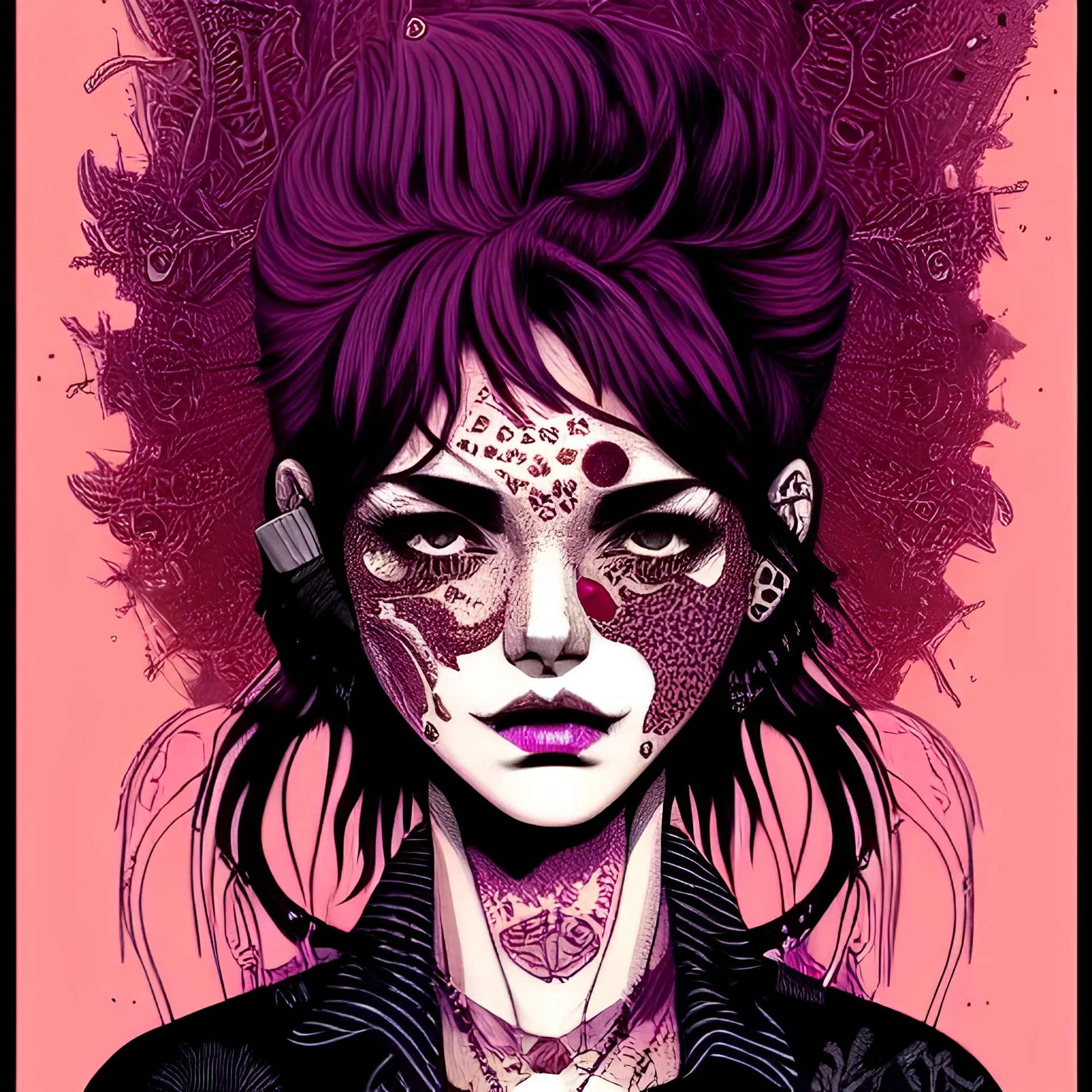 beautiful punk girl, hyper detailed, hyperdetailed, intricately detailed, illustration by <asaf hanuka>, purple tones, darkred tones,