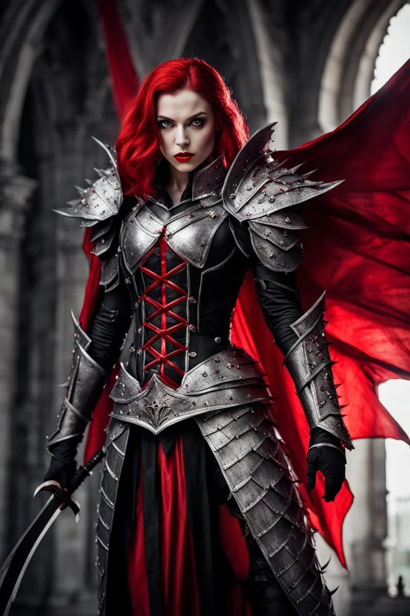 Horror Creepy photograph Silver and red fantasy Beautiful Queen Vampire armour, with a red cape, with black and red spikes coming out the back and arms, glowing red eyes, long red hair pony tail coming out,at castle