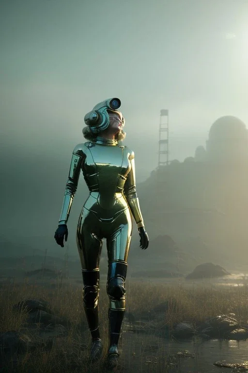 Ultra Realistic retro sci-fi scene, portrait, blonde woman, sweet young Marilyn Monroe face, perfect iris, tight latex coat, helmet, Strange planet background. Spaceship, fog, rain, soft color, highly detailed, unreal engine 5, ray tracing, RTX, lumen lighting, ultra detail, volumetric lighting, 3d, finely drawn, high definition, high resolution.