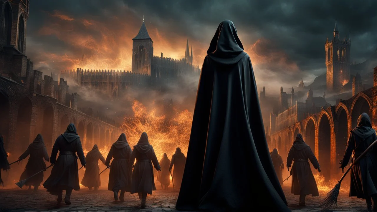 a female wizard in black cloth and gloves leading an army of the dead through a burning medieval city. the apocalypse. empty hands. blood. magic in the sky. fantasy setting. intense horror. blind terror. scared to death. a masterpiece, fantasy concept art, dynamic lighting, hyperdetailed, intricately detailed, deep color, Unreal Engine, volumetric lighting, Epic cinematic brilliant stunning intricate meticulously detailed dramatic atmospheric maximalist digital matte painting