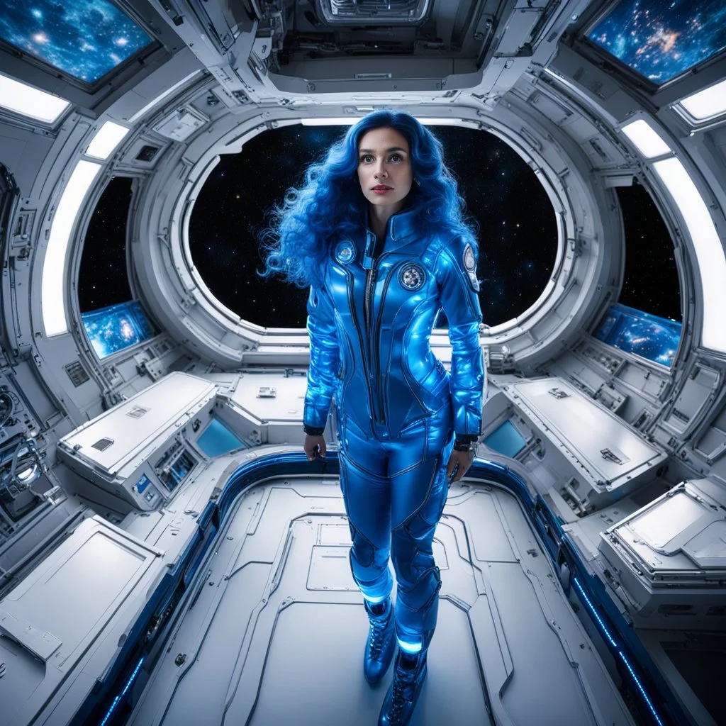 wide-angle photo of a woman in an electric blue suit, with long glowing blue wavy hair, on a space station with views into space