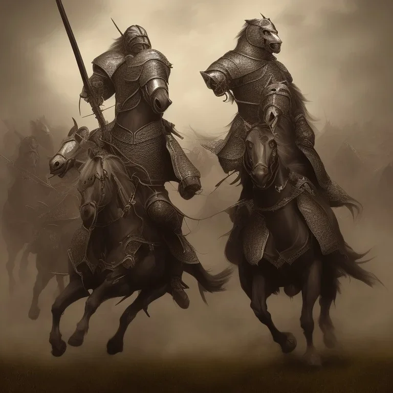 Medieval cavalry galloping. Warriors. Leather armor. Black. Sharp details. Roar.