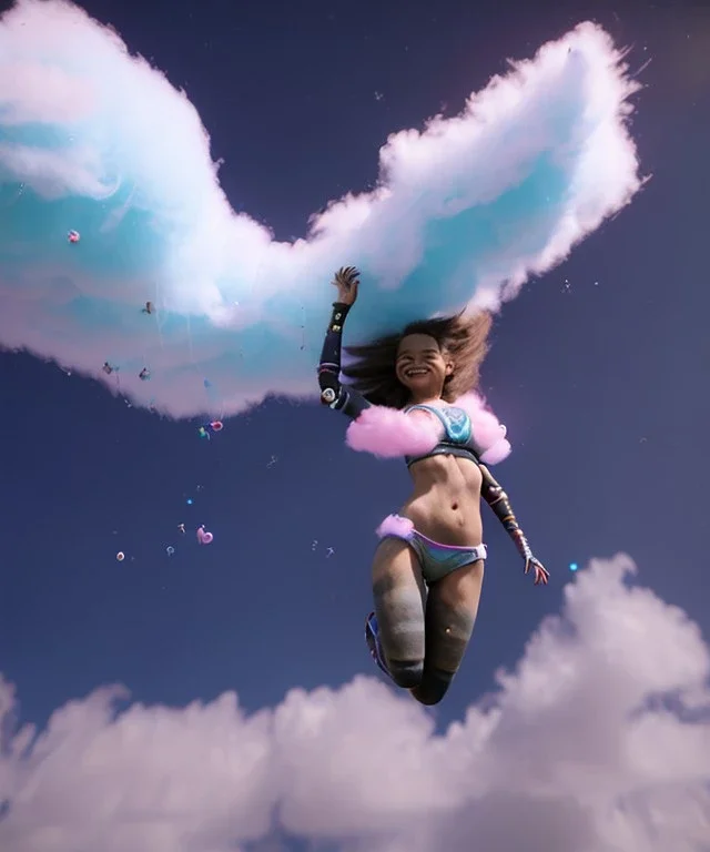 Ultra realistic clouds sky scene, wide angle, medium shot view, sweet childs, color smoke fog, free jumping flying, trinkets, monster hair, hair monster, jelly beans, balls, smile, happy, circus style, inflatable color clothing, extreme, wind, clouds sea, 20,000 feet altitude, stratosphere, soft color, highly detailed, unreal engine 5, ray tracing, RTX, lumen lighting, ultra detail, volumetric lighting, 3d, finely drawn, high definition, high resolution.