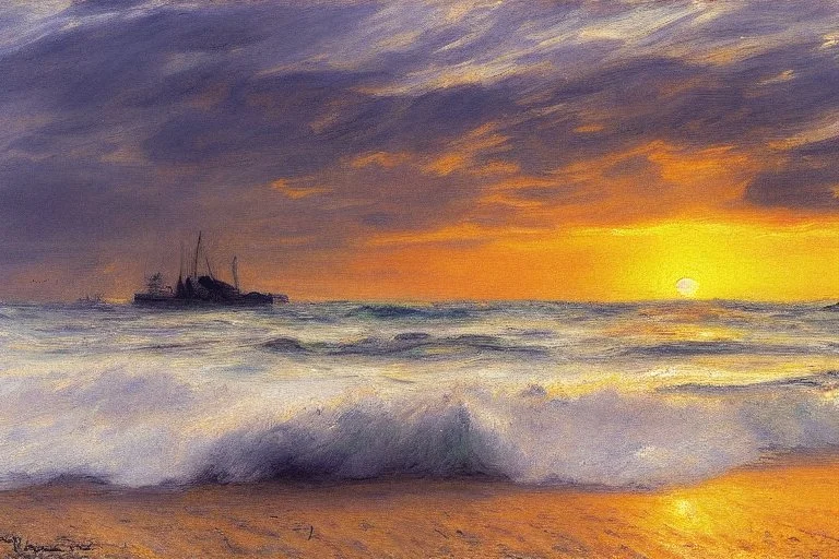 Amazing sunset, sea waves, sand, max liebermann painting