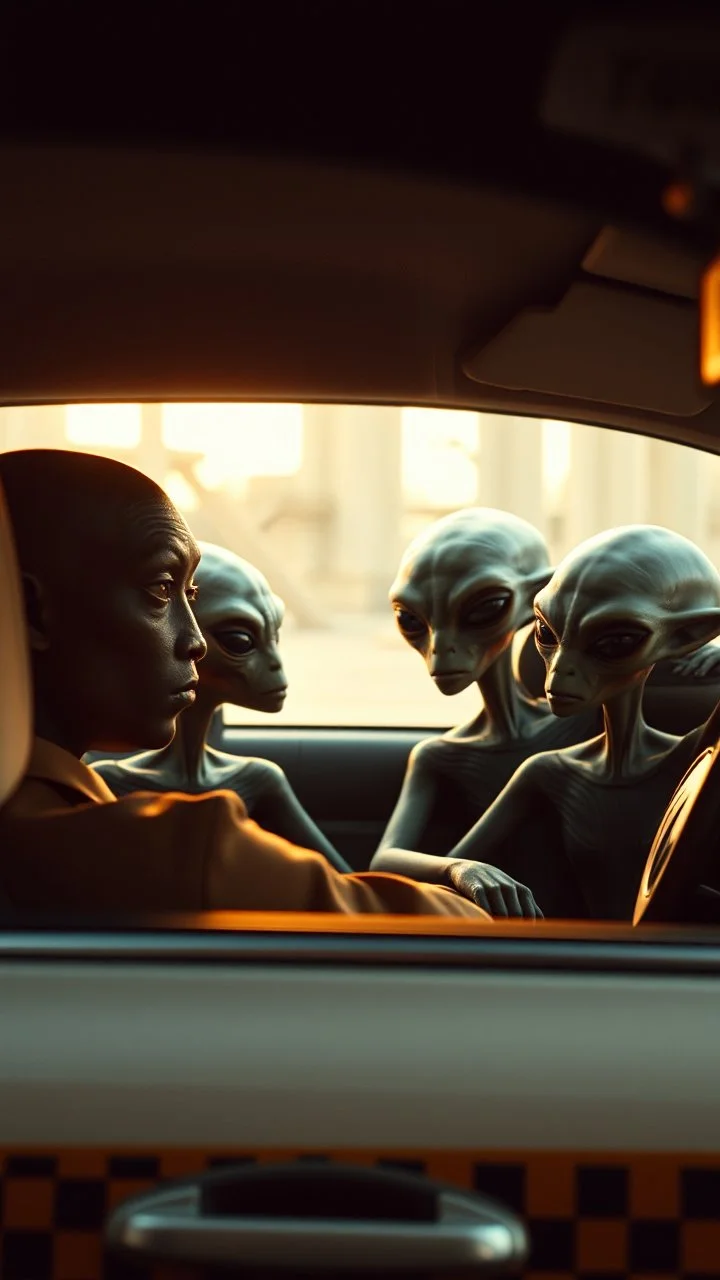 aliens sitting in an taxi car and the driver looking at them in the mirror
