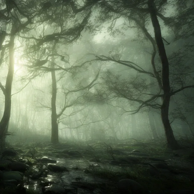 spooky forest, 4k, 8k, highly detailed, cinematic, ultra photorealistic, volumetric lighting, sharp details, mist, trees, depth of field, sun shafts, sunset, wide view