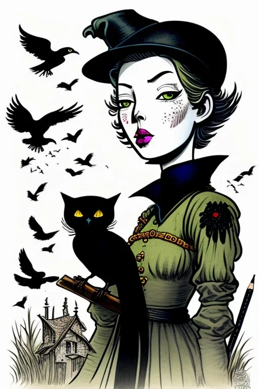 Witch, playing with crows, black cat, perfect iris, ink and pencil, style Tintin