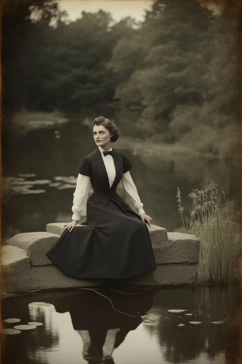 [vintage] A woman in tuxedo around a pond