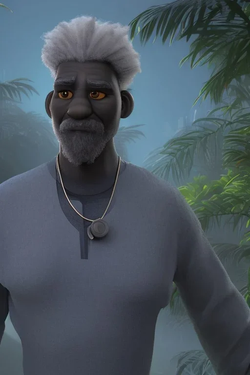 3D render of a cyberpunk tribal old black man, gray hair and goatee, on a dark blue jungle background, digital art