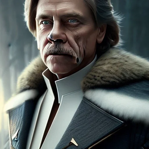 mark hamill walking, dark hair, blue eyes, leather, art by luis royo and greg rutkowski, portrait shot, concept art, insane detail, ray tracing, photorealism, 8k, octane render, depth of field, backlight