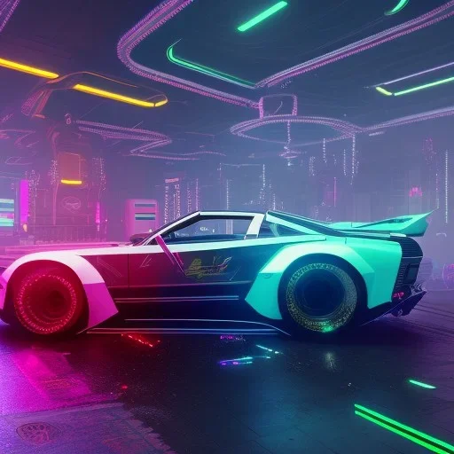 cyberpunk hyper car,cyberpunk 2077,center composition, ultra realistic,shiny, smooth, studio quality, octane render, Surrealism, Triadic colour scheme,glow-stick, ambient lighting,nightclub lighting, polaroid, 100mm, --ar 1:1 --v4