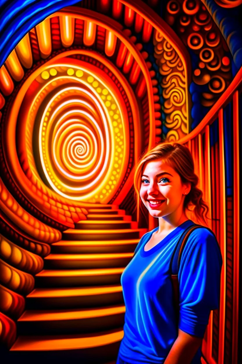 awake inside a dream, woman smiling online in the style of escher, spray paint, photo realism, trending on art station, 8k, depth of field, down light, light rays, volumetric, reflective spiral staircase, blue, yellow, golden brown and orange