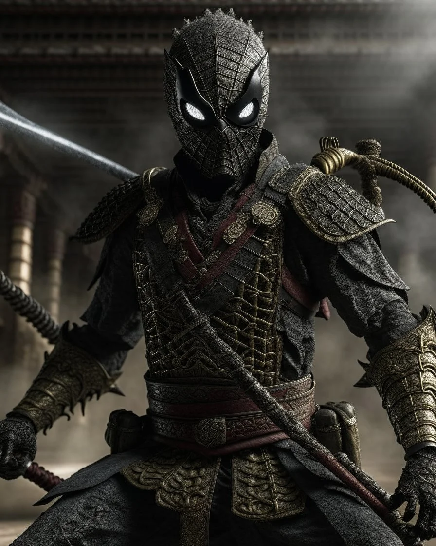 Hyper realistic spiderman ancient samurai style, use samurai weapon, intricate ancient armor, ancient background, elegant, grey and black smoke, stunning, render, hyper realistic, octane render, surrounding by lightning smoke effect