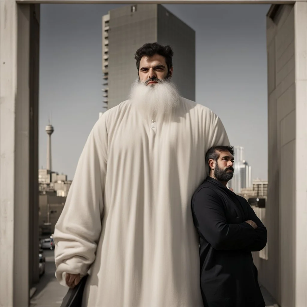 a Persian gay hairy big man in a modern street in Tehran with towers.