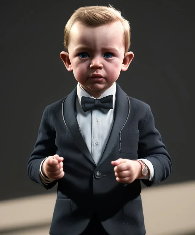 James bond toddler, full body, dramatic lighting, hyper realistic