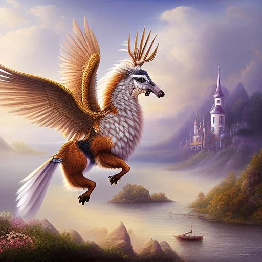 Oil painting, Pegasus, dolphin tail, full body, over ocean