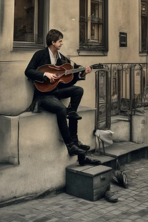 Small musician sitting in the foreground of street in Vienna Austria