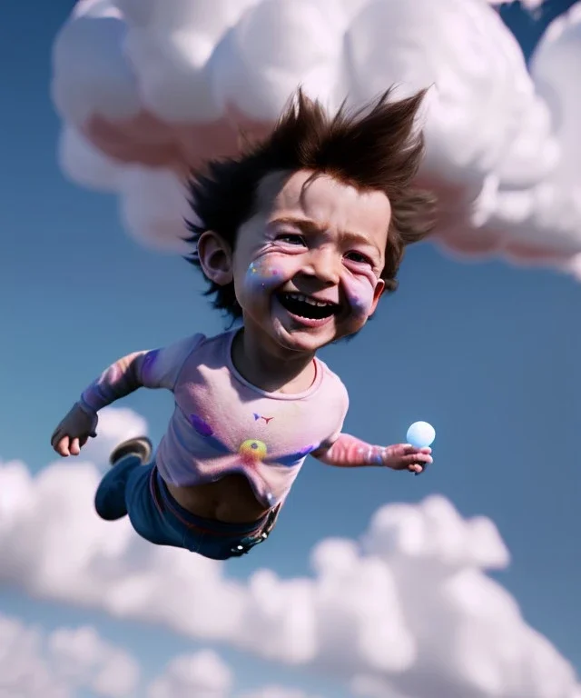 Ultra realistic clouds sky scene, wide angle, medium shot view, portrait, sweet Child, free jumping flying, trinkets, monster hair, jelly beans, balls, smile, happy, Peter Pan style, inflatable color clothing, extreme, wind, clouds sea, 20,000 feet altitude, stratosphere, soft color, highly detailed, unreal engine 5, ray tracing, RTX, lumen lighting, ultra detail, volumetric lighting, 3d, finely drawn, high definition, high resolution.