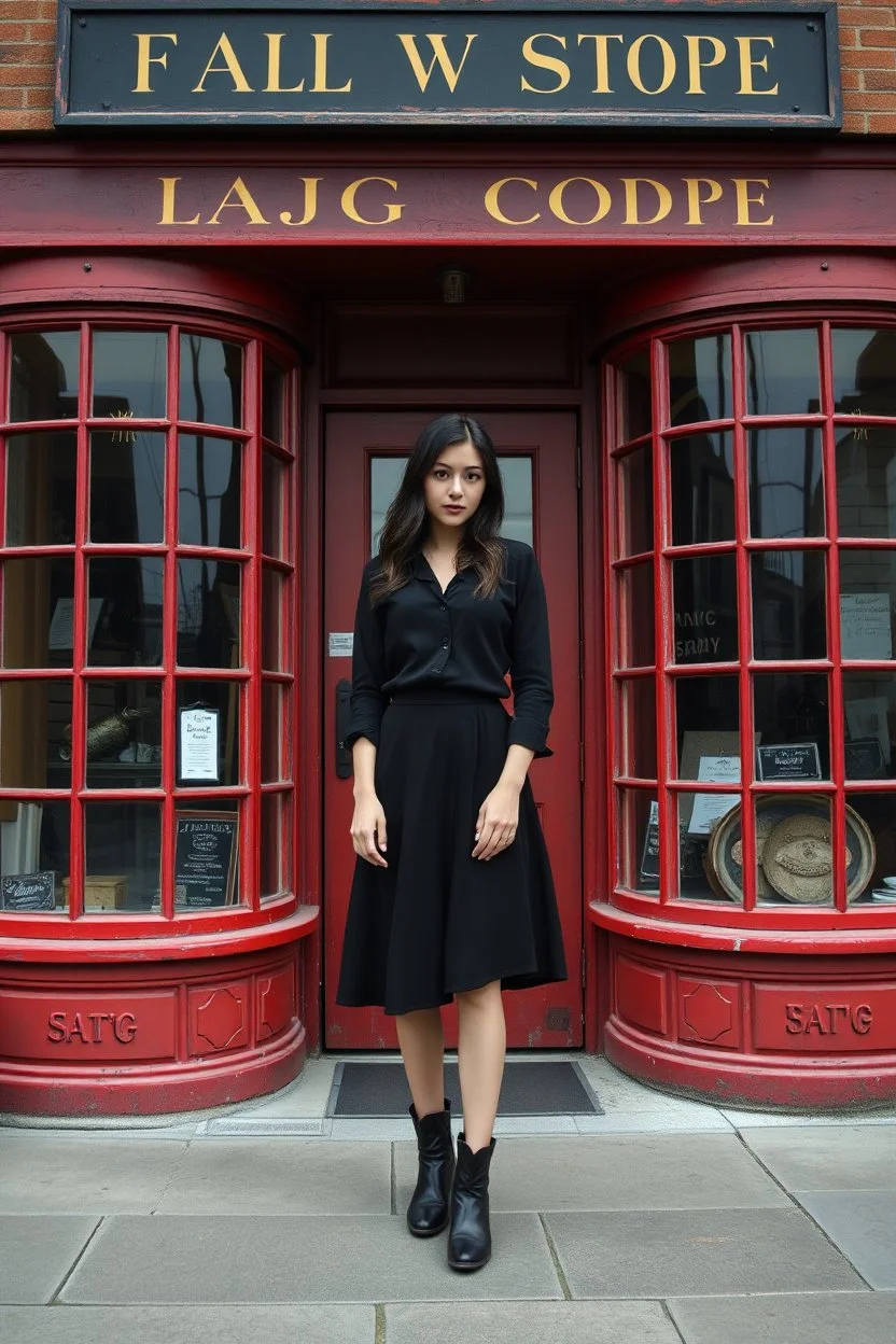 Photorealistic image of a young woman with dark hair, in a black ankle length skirt, boots and shirt, standing outside an old magic shop front with large red painted multi-paned picture windows on either side of a multi-paned doorway.