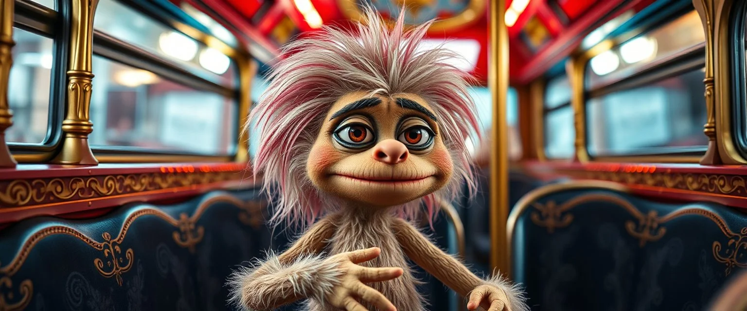 fascist dynasty soap opera, close up portrait of hairy fluffy polymer clay cute female happy worried monster with realistic human colored and textured skin, and long sleek limbs and with studio lights, on a luxury ornate neon buss, talking to his aunt