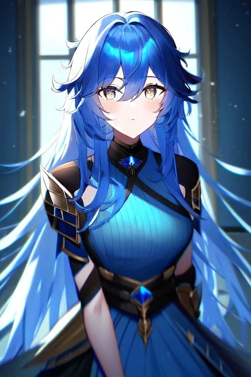 girl, masterpiece, best quality, cinematic lighting, detailed outfit, vibrant colors, perfect eyes, long hair, blue hair, messy hair, hair between eyes, indoors, depth of field, ray tracing, armored dress,