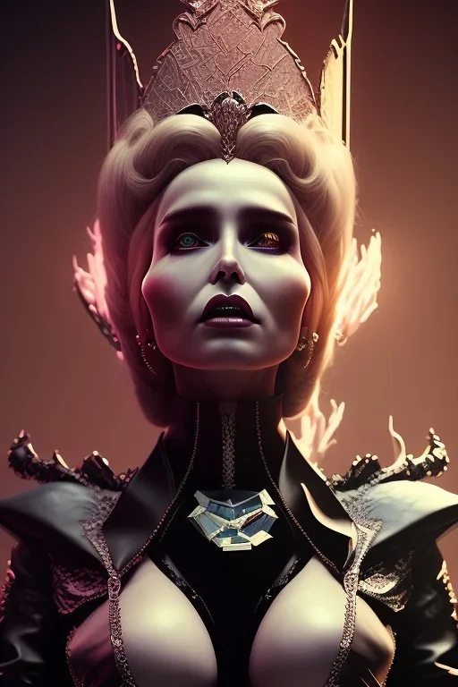 Constance Langdon as evil queen in black leather, leather, busty, cleavage, angry, stern look. character design by cory loftis, fenghua zhong, ryohei hase, ismail inceoglu and ruan jia. unreal engine 5, artistic lighting, highly detailed, photorealistic, fantasy