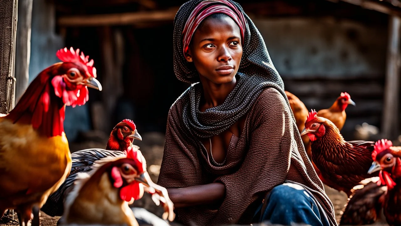 young village eurepen woman in a long village cloth with head scarf back to the camera feeding chickens in the yard, Photorealistic scene, ultra detailed, high realistic, epic, perfect photo