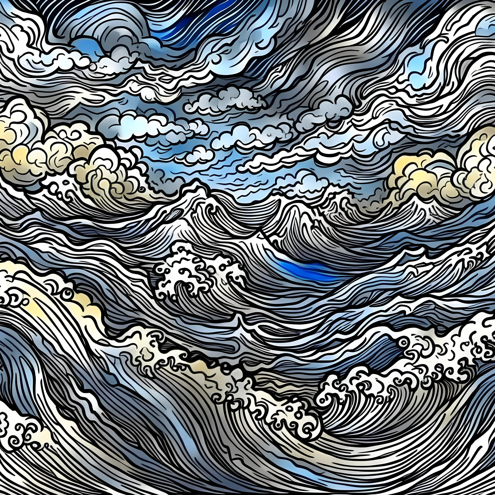 Image of a stormy sea, magical sky, lineart, watercolour