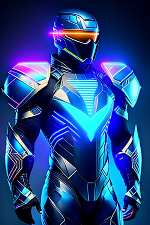 neon blue, floating triangle of light orbiting behind the back, cyber armor, geometric patterns on armor, male, orbiting triangle