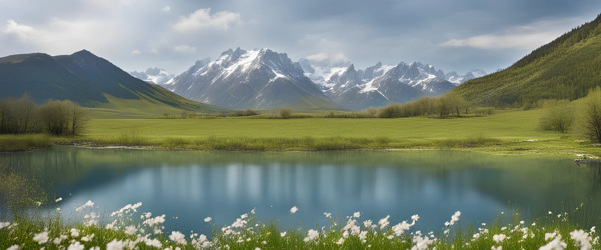 Spring,a lake in the distance, mountains, panorama