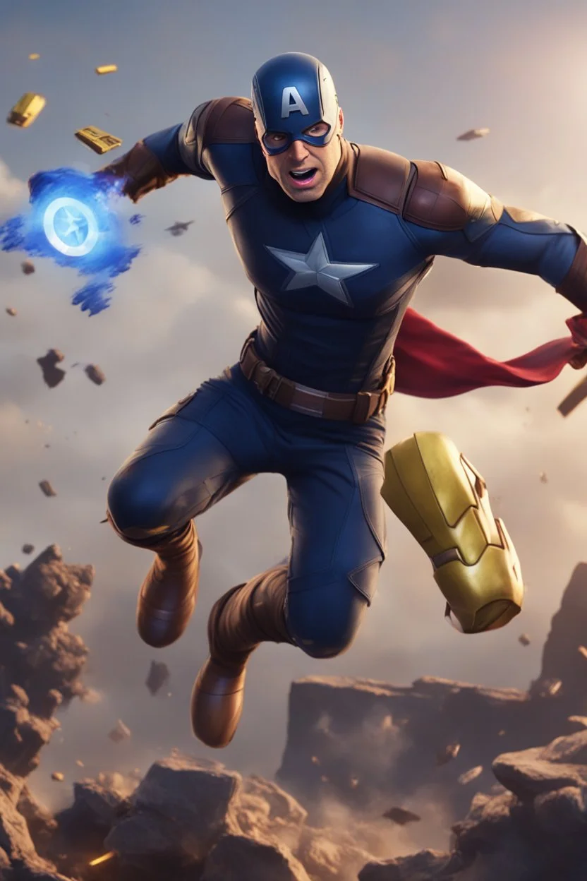 Create a picture of captain america falling from the skye to a pit next to reverse Flash animated like fortnite