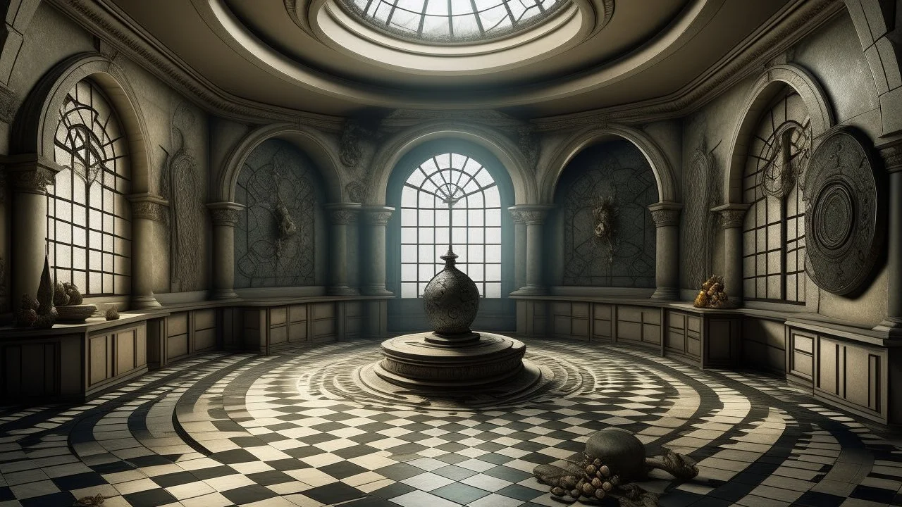 Interior of a circular room with niches cut into the walls, with a mysterious and disturbing air. In the niches there are various objects and creatures and through some of them you can see the outside. The floor is checkered