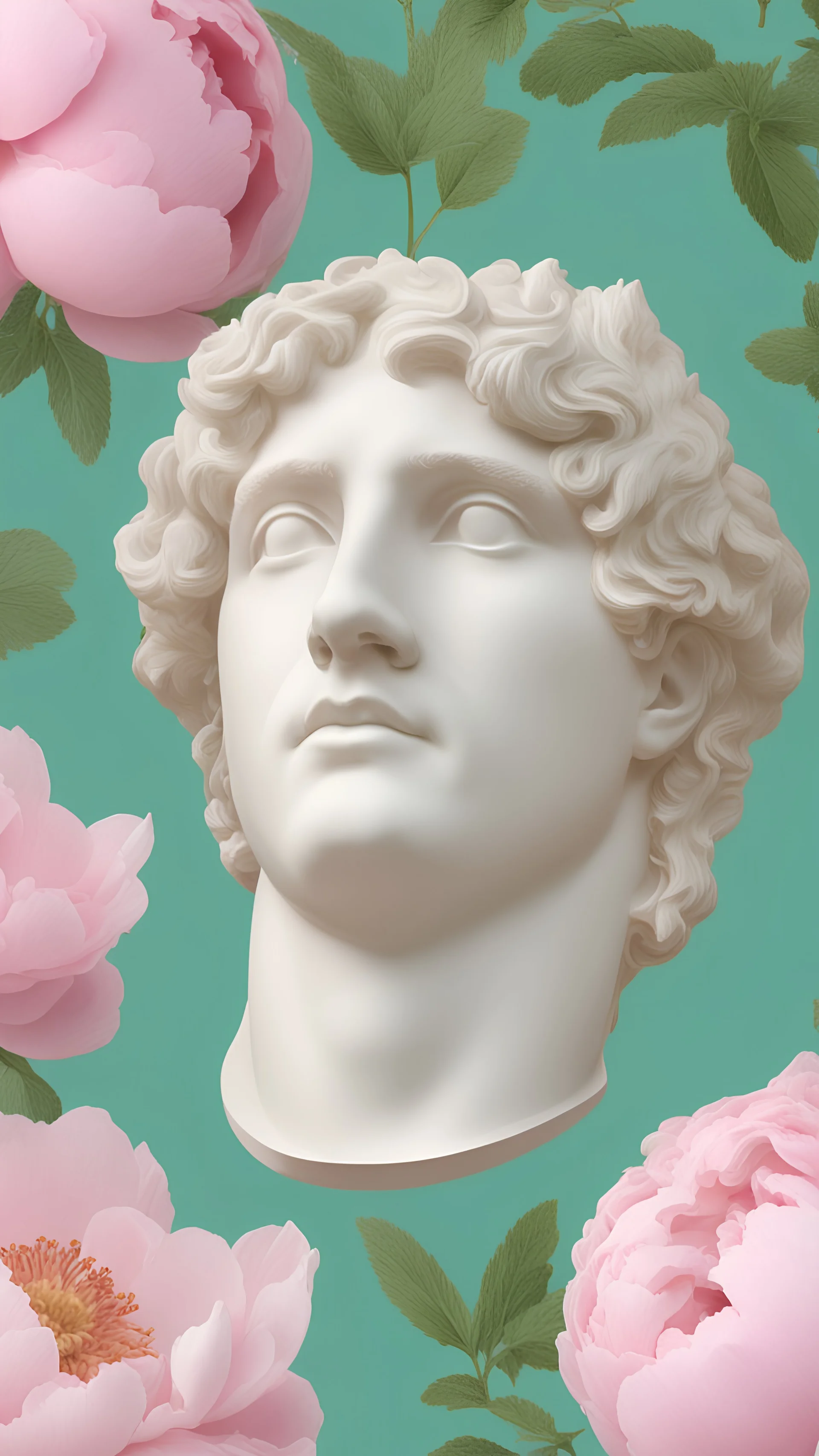 Plaster head of David, pink peonies on the head, Doric order, mint background --ar 4:5