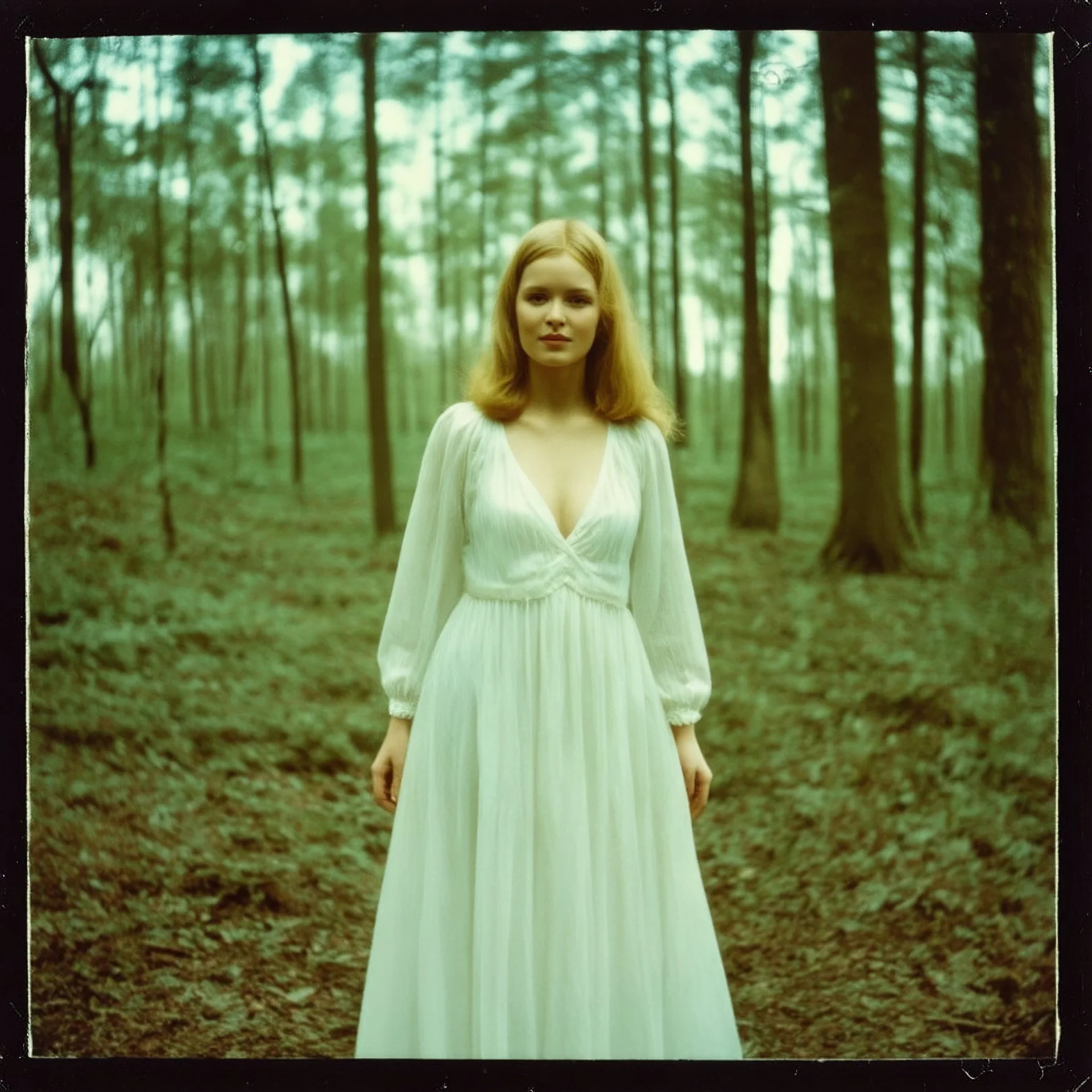 1970, old damaged Autochrome photo with black frame, Young Singer Michelle Phillips , in the dark woods; long white bohème dress,