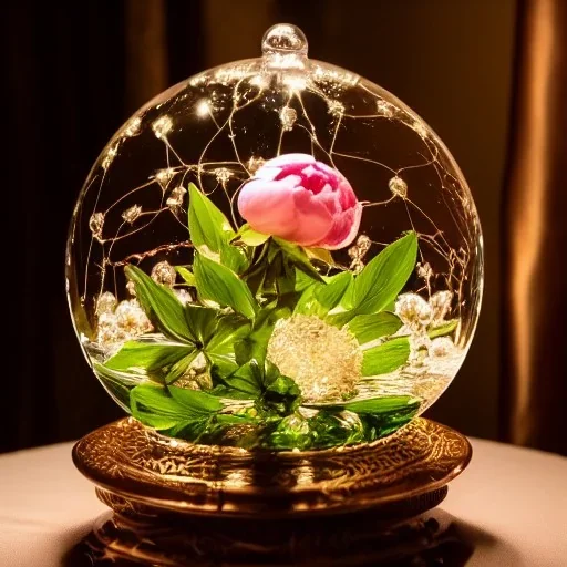 Cinematic shot of peonies inside a crystal lace globe, glass, crystal, linen, dewdrops, warm lighting, luxurious