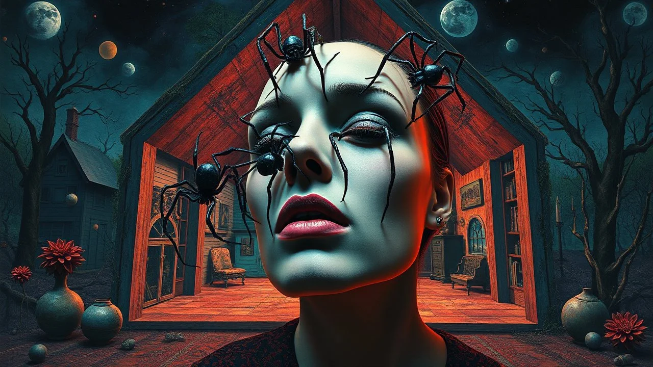 Surreais Zdzisław Beksiński, Dan Mumford style, three dimensional digital art, colorful art, eerie, horror-inspired gothic sierpinski spiders climbing on a woman's face open section house old bauhauart psyxhsdelic art background. the scene's macabre and dramatic feel. and psychedelic