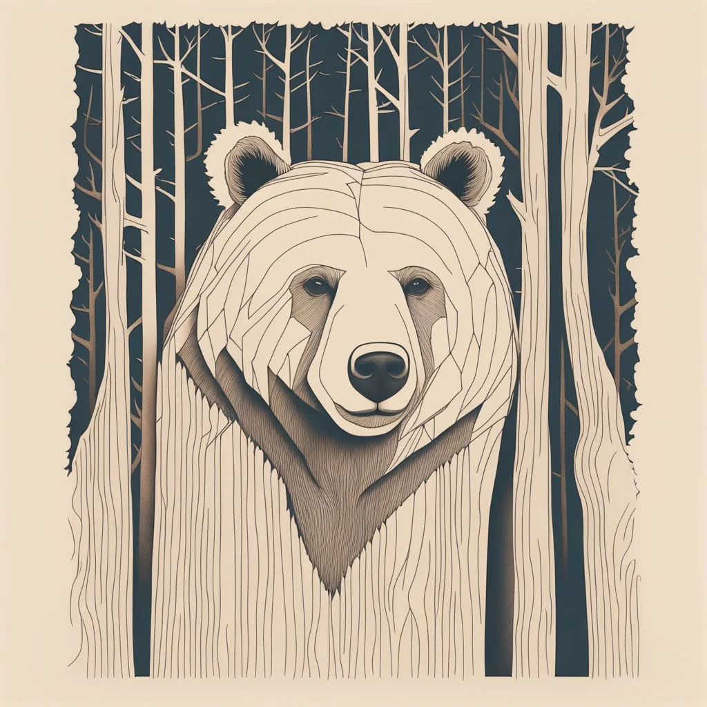 M shaped bear head combined with woods silhouette in backround, letterpress style, minimalistic pencil art