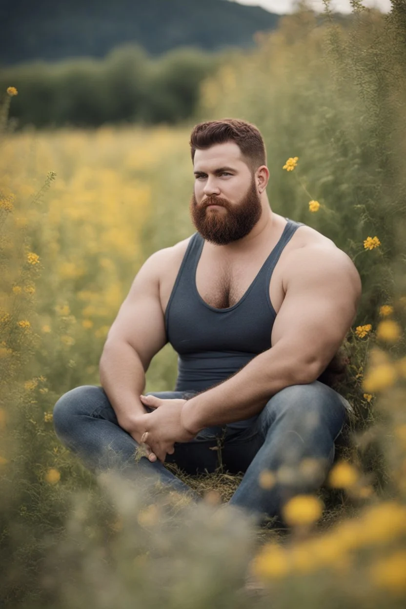 full figure photography, shy muscular big fat chubby, 35mm lens, burly italian man short hair, 27 years old sitting in the meadow with a flower in a hand, near a big farm , red short beard, , hairy armpits, manly armpits, ugly, manly chest, hairy chest, big shoulders, , huge belly, manly chest, shirtless, with boxer, emotive eyes looking at camera, photorealistic ,sunlight , ambient occlusion, side view, poetic composition, golden ratio