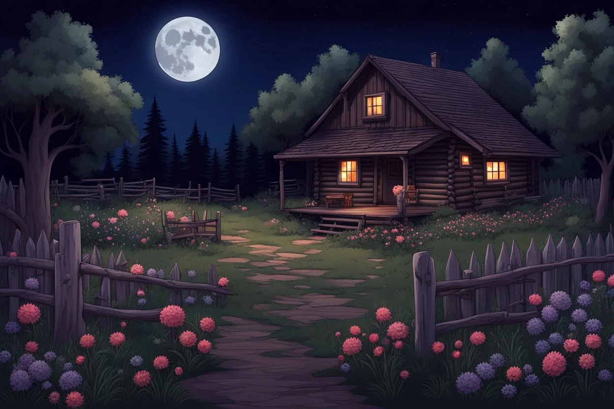 Dry trees, night, full moon, cabin, yard with flowers, fence