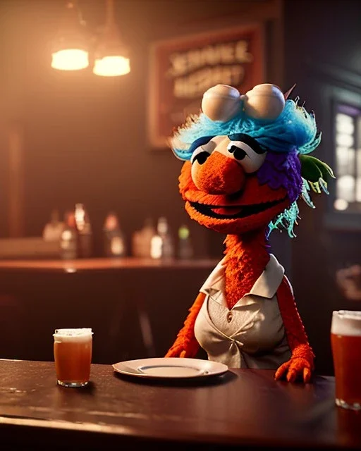 Pub scene, hybrid character, waitress woman with monster muppet mask that covers her entire head, retro style, Sesame Street style, smooth, unreal engine 5, god lights, ray tracing, RTX, lumen lighting, ultra detail, volumetric lighting, 3d.