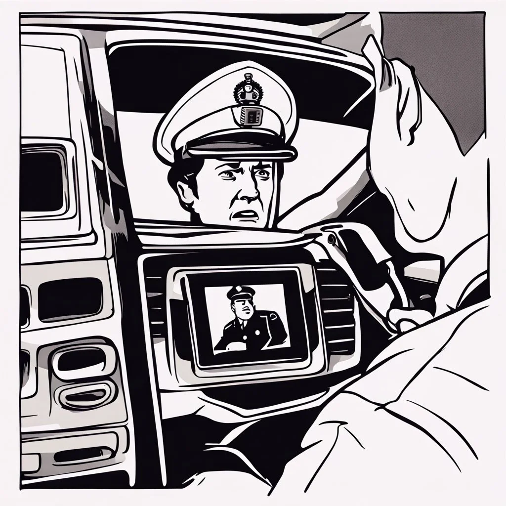 a picture of a British traffic policeman's head emerging from a cell phone monitor attached to the dashboard of a moving car, the head emerges from the monitor and warns the driver behind the wheel that he is speeding