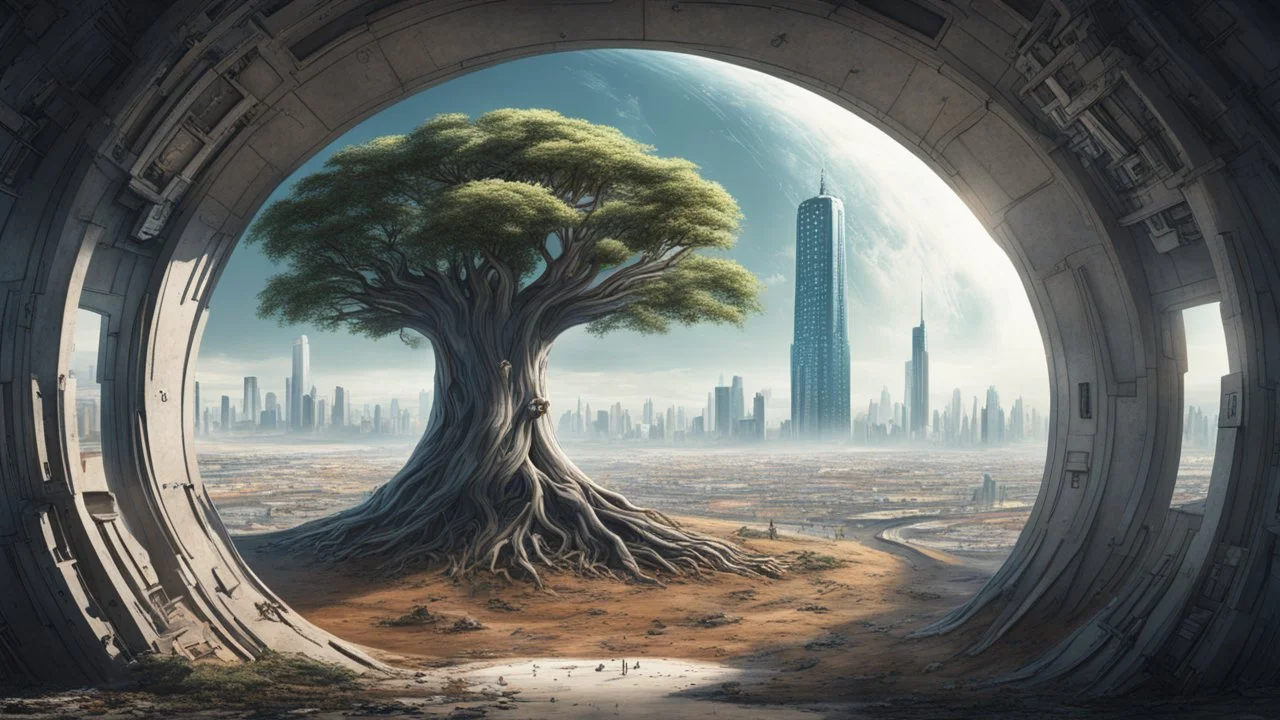 the last tree on earth, view from a far, portal to a space near the tree on the left, on the right city of the future year 4222, very realistic,