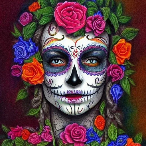 high-quality, fine-detail melted crayon drawing of realistic day of the dead painted face, flowers, artwork, 8k, intricate, detailed, ornate, illustration, brian froud, howard lyon, george grie, ben goossens, anna dittman, jeffrey robert, don marco