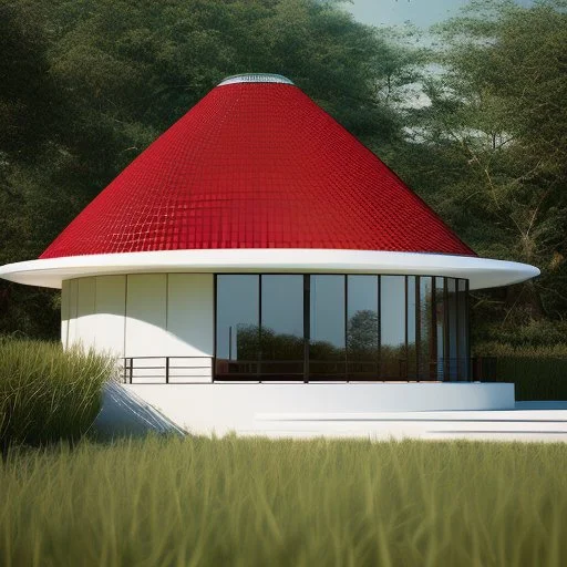 Draw an lineal illustration of a red and white country house, oval and round shapes, modern, minimalist style, ultra quality, detailed, Zaha Hadid style, Zaha Hadid style