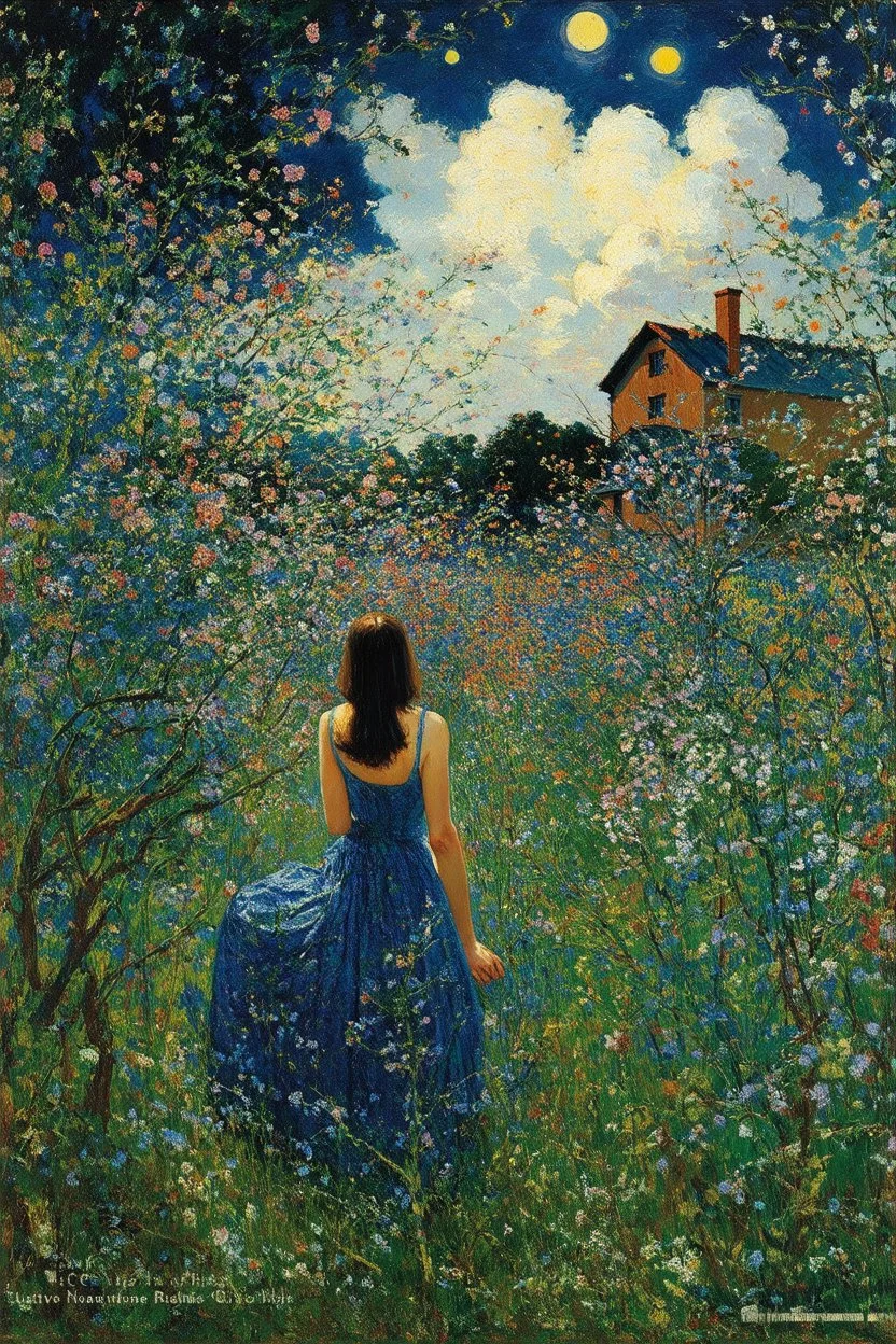 Night, vegetations, flowers, one woman looking at a distant house, mistery, gothic horror films influence, gustave caillebotte, and gustave moreau paintings